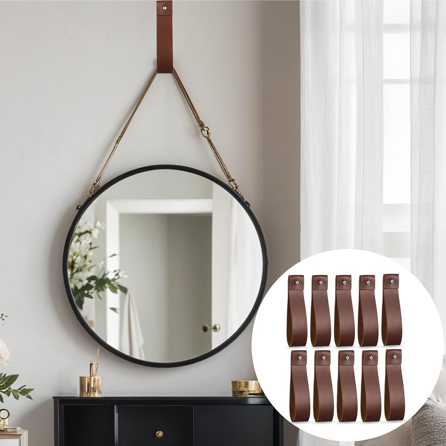 10pcs PU Leather Straps for Hanging Wall Hooks 1 x 4.7 Inches Curtain Rod Holder Leather Wall Hanging Strap with Screws Leathers Hook Lanyard for Bathroom Kitchen Walls Mounted Loop Towel Hook (Brown)