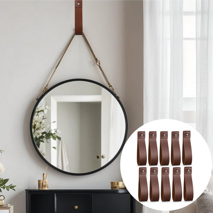 10pcs PU Leather Straps for Hanging Wall Hooks 1 x 4.7 Inches Curtain Rod Holder Leather Wall Hanging Strap with Screws Leathers Hook Lanyard for Bathroom Kitchen Walls Mounted Loop Towel Hook (Brown)