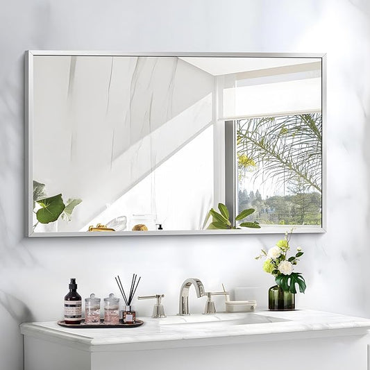 Silver Bathroom Mirror for Wall, 30x48 Inch Rectangle Mirrors by Welcometocofeny