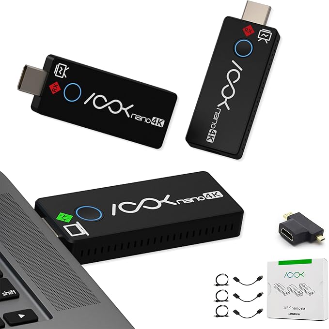 Wireless HDMI Transmitter and 2 Receivers 4K, Ask Nano HDMI Wireless Splitter by RGBlink