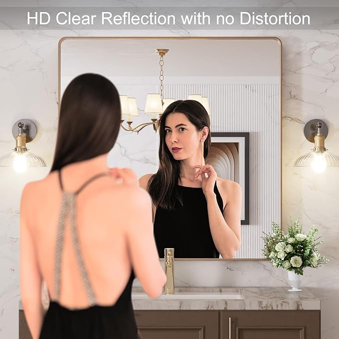 LOAAO 36”X36” Gold Bathroom Mirror, Rounded Rectangle Gold Frame Mirror - Image 2