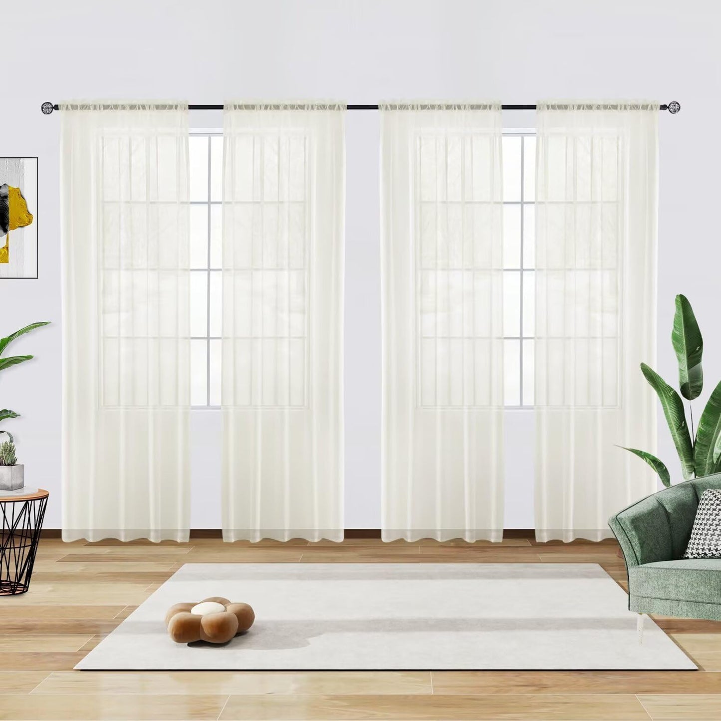 youleyar Solid Sheer Rod Pocket Curtain Voile Draperies 4 Panels Ivory Beige Black Grey Coffee 52 Inch Width 96 Inch Long 1 Pair for Kitchen Bedroom Children Living Room Yard(Ivory,52Wｘ96L)