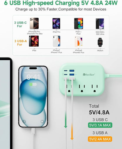 6 USB Green Travel Power Strip- 5Ft Green Extension Cord - Image 2