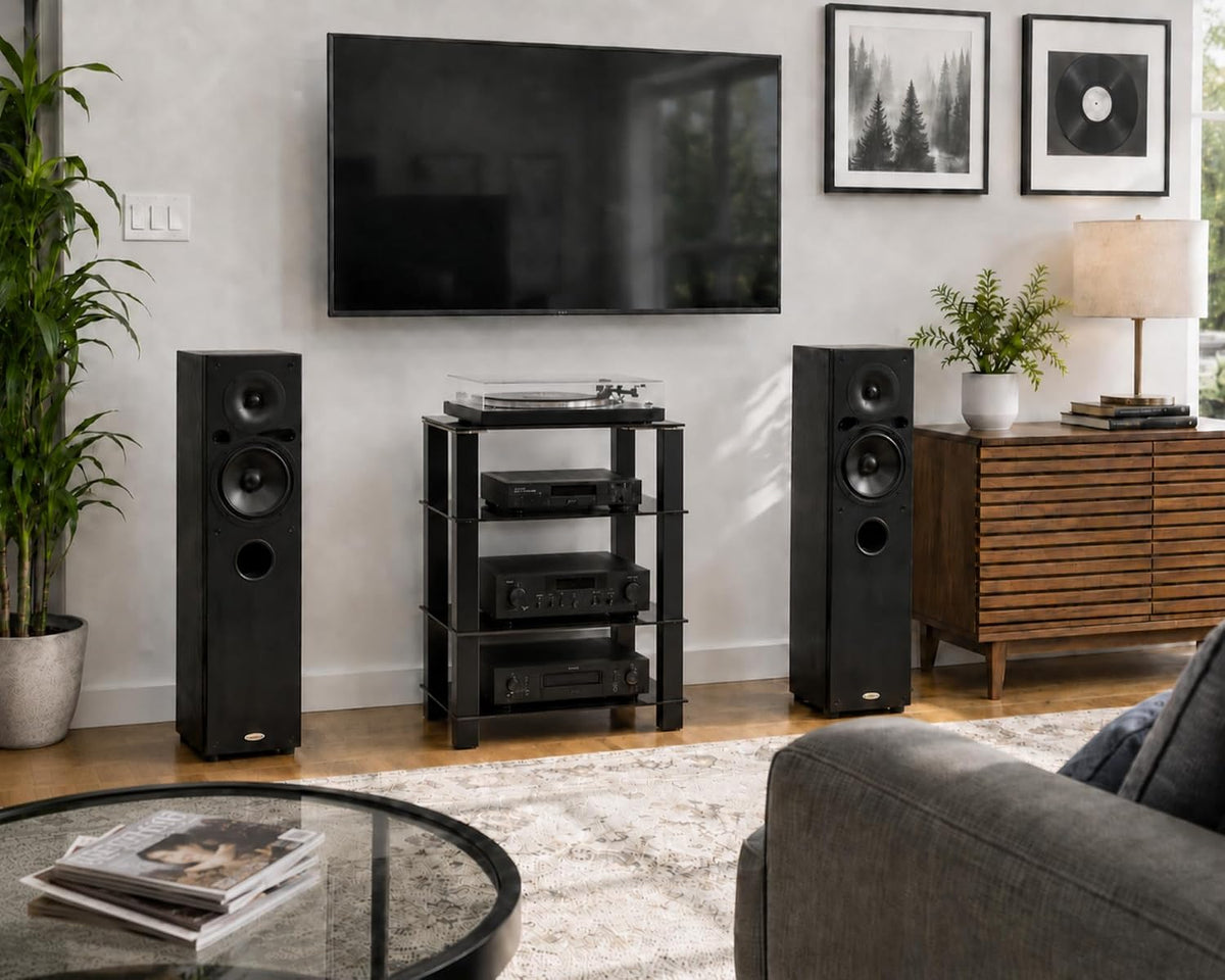 fitueyes 4-tier media stand audio with tempered glass shown in use