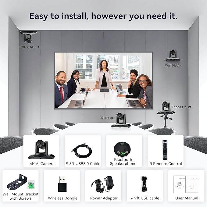 TONGVEO 4K Conference Room Camera System, AI Auto-Tracking PTZ Camera 5X - Image 9