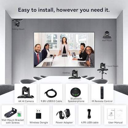 TONGVEO 4K Conference Room Camera System, AI Auto-Tracking PTZ Camera 5X - Image 9