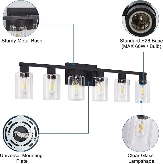 Black Bathroom Light Fixtures, 6-Light Bathroom Lighting Fixtures Over Mirror - Image 8