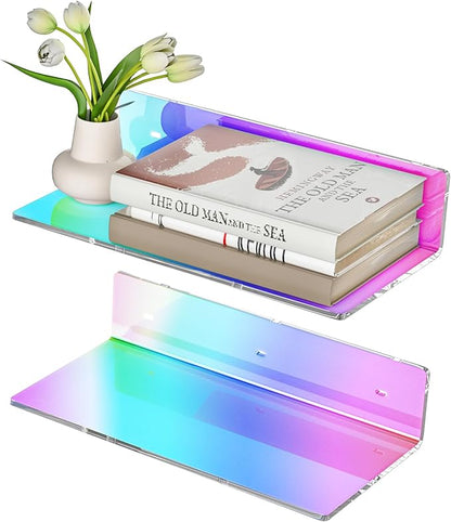 12 Inches Iridescent Acrylic Wall Shelves Set of 2, Wall Mounted Shelf by Sezanrpt