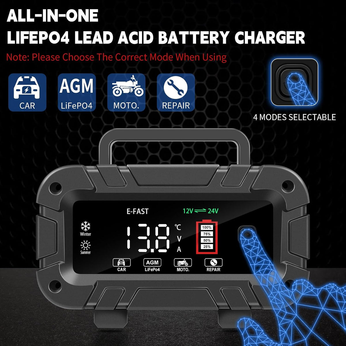 E-FAST Battery Charger 0-20A 12/24V Lifepo4 Lead Acid Automatic Smart Car Bat...