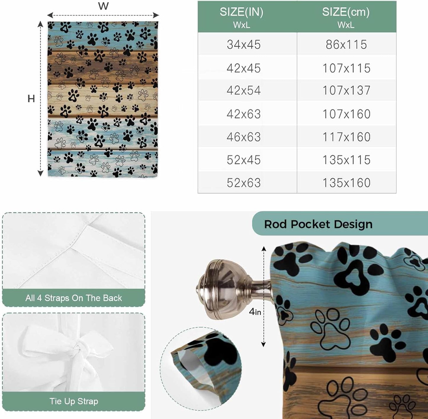 Cute Dog Claws Tie Up Curtains for Window, Farmhouse Blue Wooden Puppy Pawprints Thermal Insulated Balloon Shade Adjustable Rod Pocket Curtains Valance Panels for Kitchen Bathroom Café 52'' x 45''