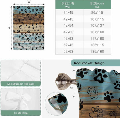 Cute Dog Claws Tie Up Curtains for Window, Farmhouse Blue Wooden Puppy Pawprints Thermal Insulated Balloon Shade Adjustable Rod Pocket Curtains Valance Panels for Kitchen Bathroom Café 52'' x 45''