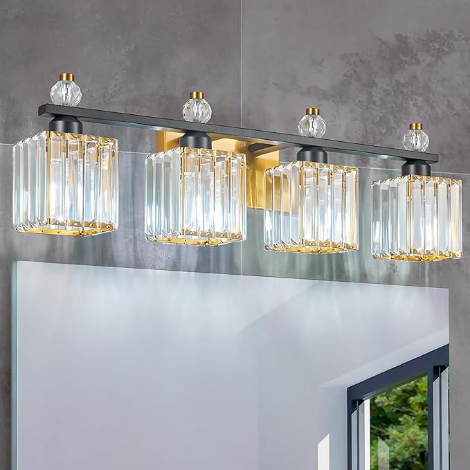 FDPBY Vanity Lights 4-Light Modern Crystal Vanity Light Black Gold Bathroom by FDPBY