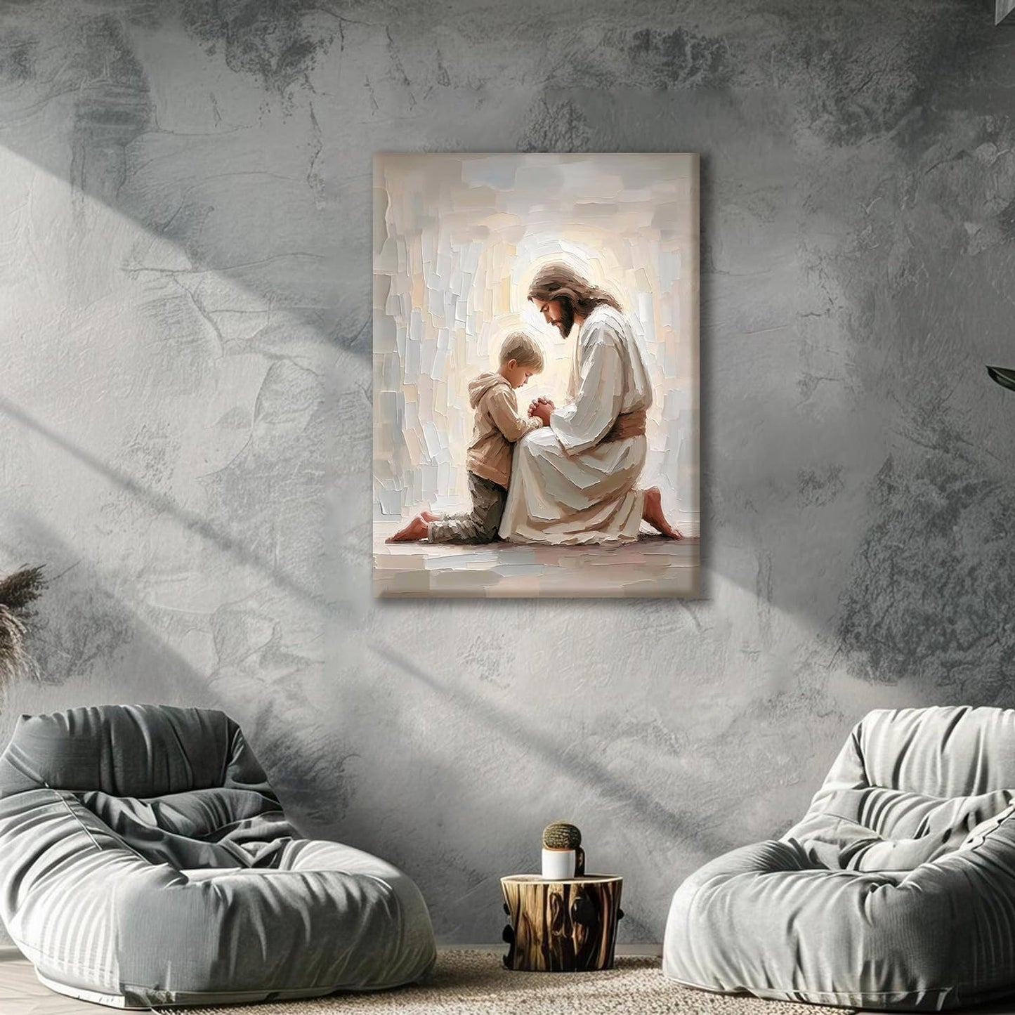 AUUAUU Jesus and Boy Praying Wall Art Christian Canvas Prints 12x16 Inches | Religious Painting Jesus and Children Picture Prints Artwork Christmas Wall Decor for Living Room Bedroom Ready to Hang