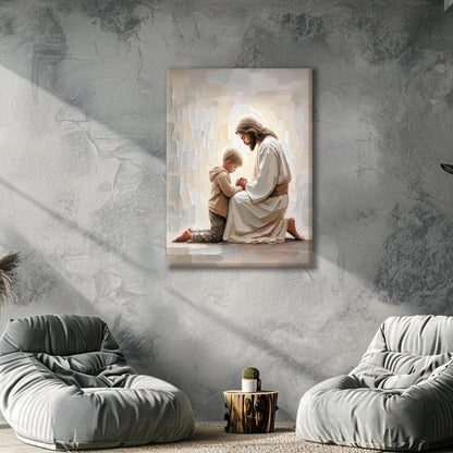 AUUAUU Jesus and Boy Praying Wall Art Christian Canvas Prints 12x16 Inches | Religious Painting Jesus and Children Picture Prints Artwork Christmas Wall Decor for Living Room Bedroom Ready to Hang