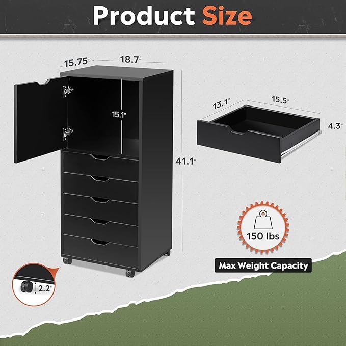 DEVAISE 5-Drawer Wood File Cabinet, Mobile Filing Cabinet - Image 3