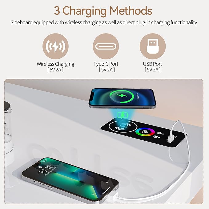 40" Wood LED Coffee Bar with Wireless Charging Station, Kitchen Storage Cabinet - Image 4