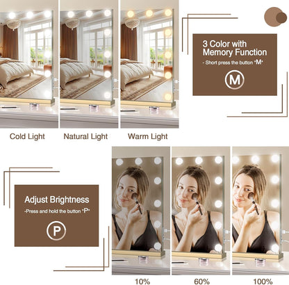 halumao Vanity Makeup Mirror with Lights, 22.8" x 19" Large Light Up Mirror with Smart Touch 3 Colors Dimmable Gold