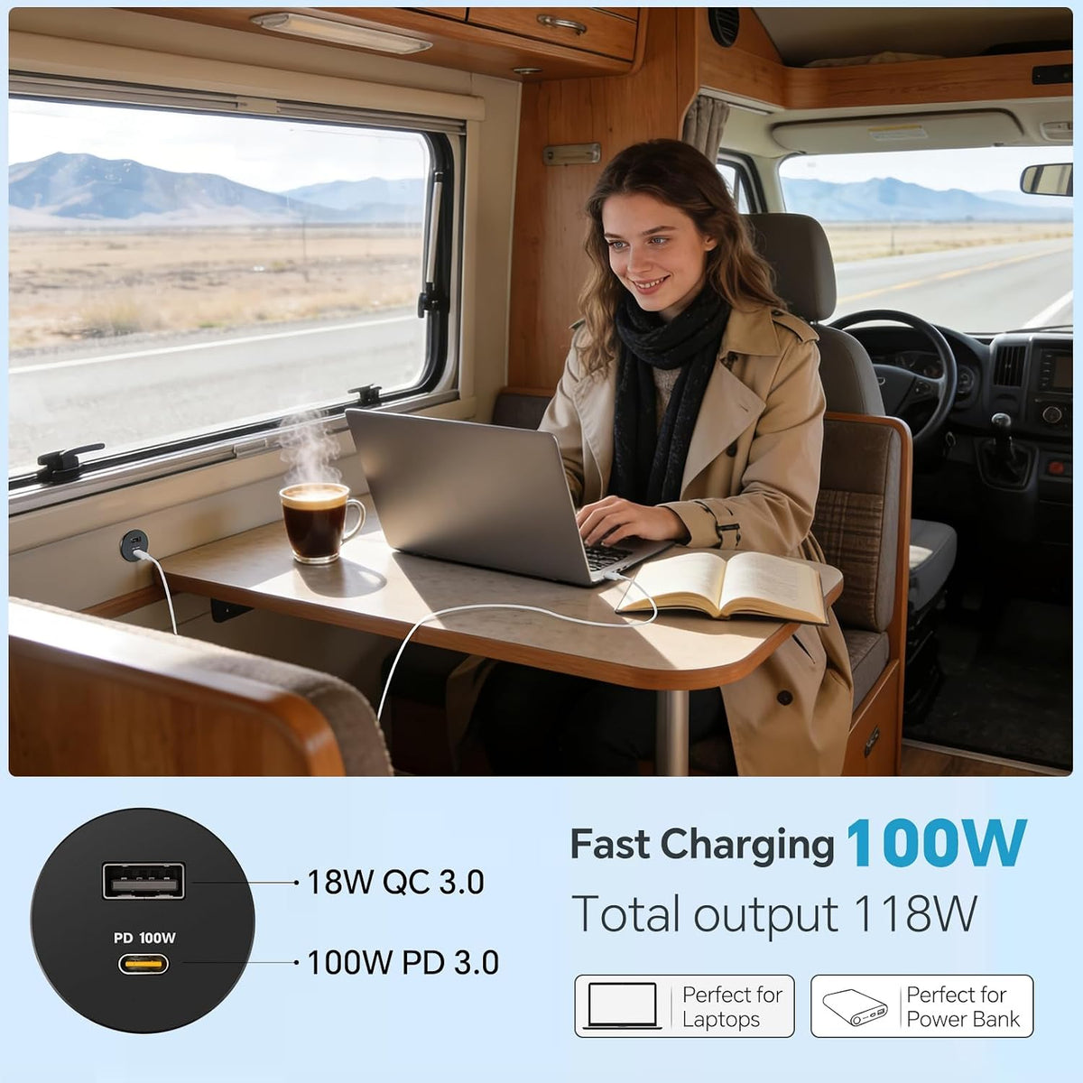 Acegoo 118W 12V USB Outlet 100W Type-C Laptop Car Charger,18W QC3.0 USB-A Dua...