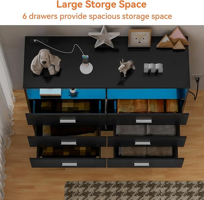 Dresser with Power Outlets and LED Lights Wooden 6 Drawer Dresser with Large - Image 6