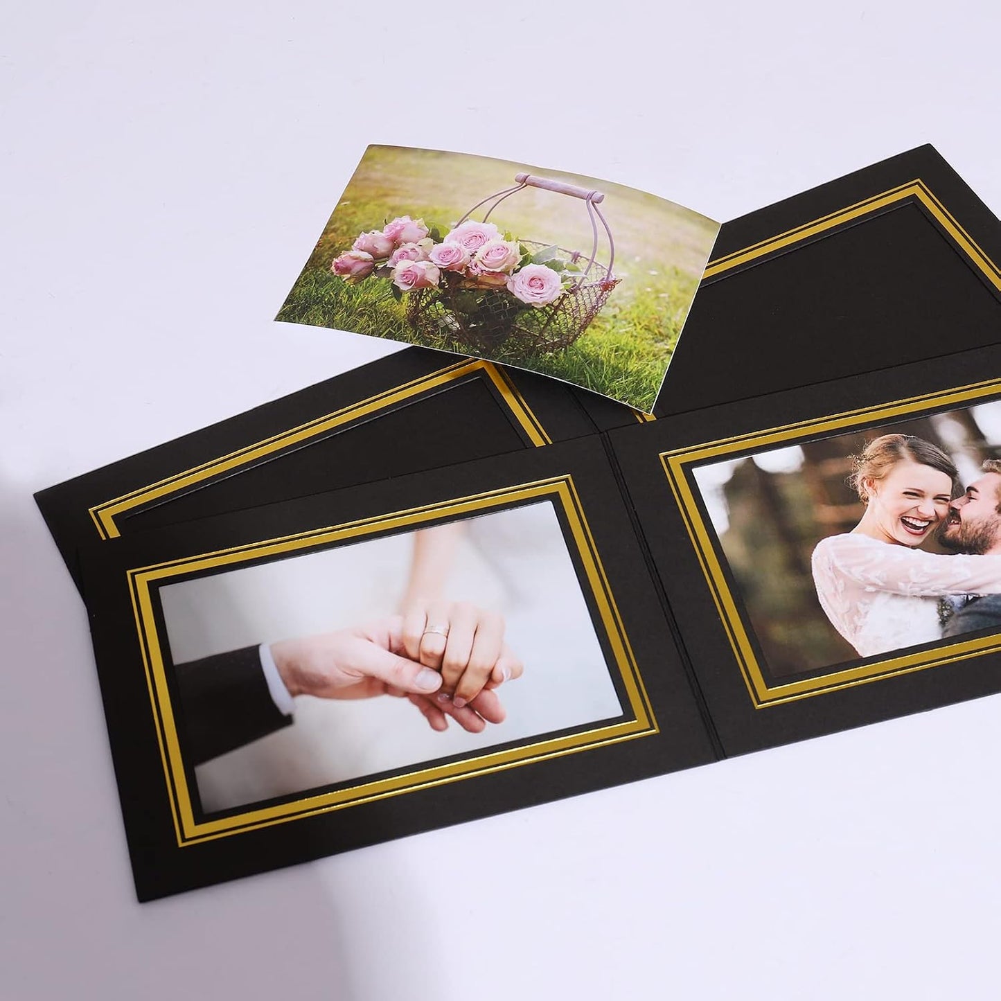 5x7 Photo Folder, Black Cardboard Picture Frame, Horizontal Double Sided Hot Gold Stamping Paper Photo Frame Cards Pack of 12.