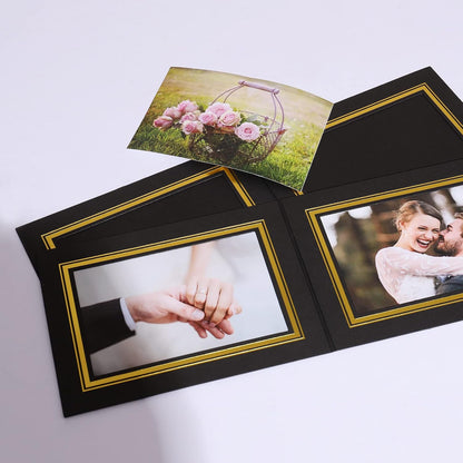 5x7 Photo Folder, Black Cardboard Picture Frame, Horizontal Double Sided Hot Gold Stamping Paper Photo Frame Cards Pack of 12.