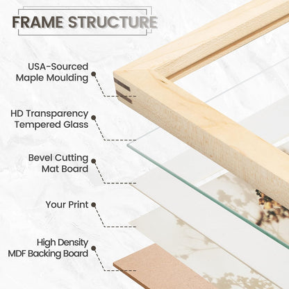 24x36 Poster Frame, USA-Sourced Natural Maple Wood Picture Collage Frame with HD Tempered Glass, Modern Simple 24 x 36 Wooden Photo Frame Matted to 20x30, Vertical & Horizontal Wall Hanging Display