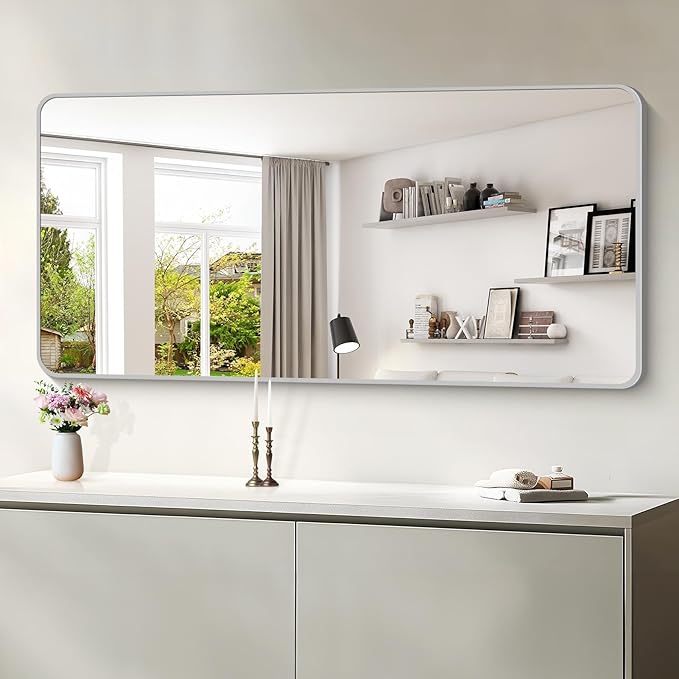 30x60 Inch Silver Bathroom Mirror, Large Rectangular Vanity Mirror, Metal - Image 6