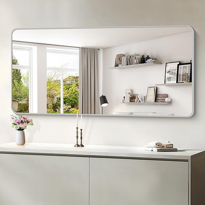 30x60 Inch Silver Bathroom Mirror, Large Rectangular Vanity Mirror, Metal - Image 6