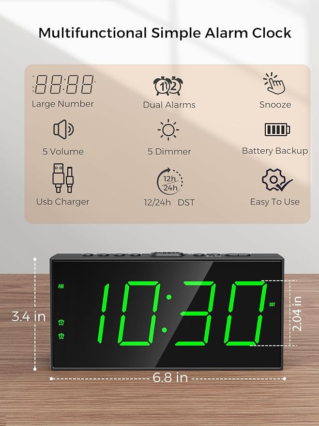 PPLEE Digital Alarm Clock for Bedroom, 2 Alarms Large Big Numbers Display - Image 2