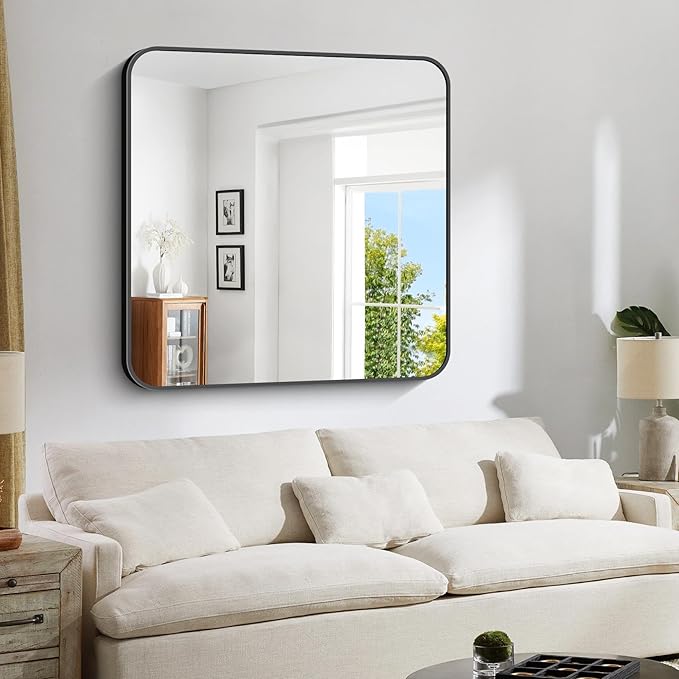 Bathroom Mirror, 42x42 inch Black Square Wall Mirror, Rounded Corner Aluminum - Image 2
