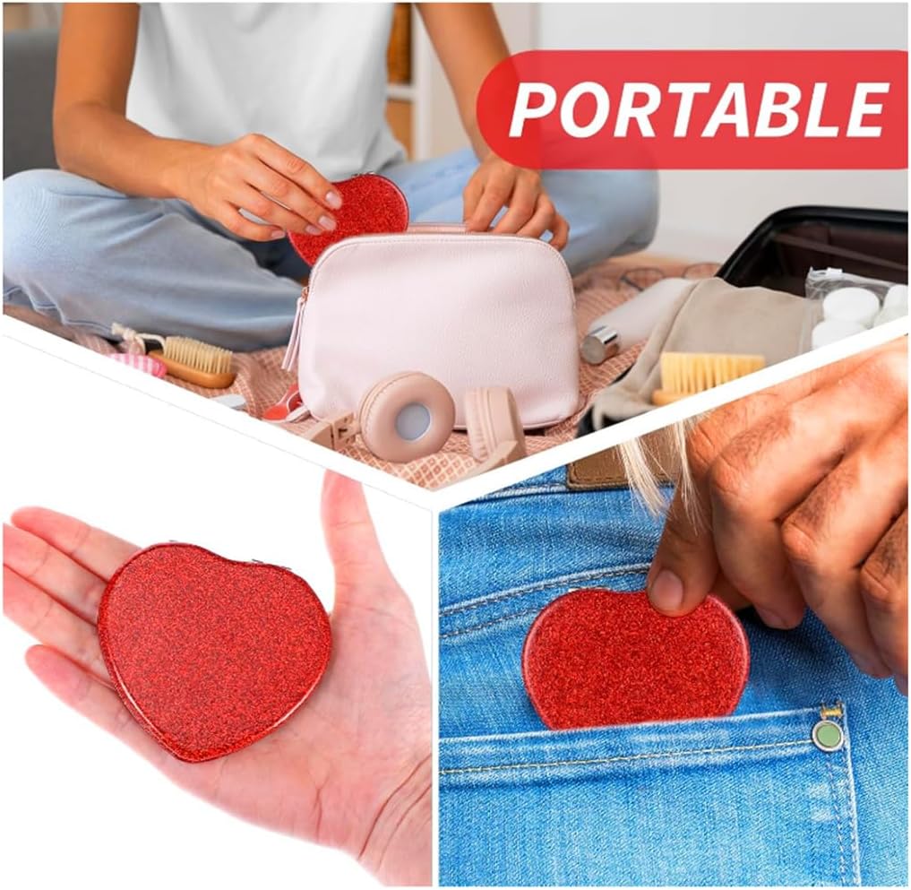 Red Heart Shaped Compact Mirror for Purse,1x/2x Magnification Cute Travel Mirror with Glitter,2.76 inch Double-Sided Mini Folding Mirror,Small Pocket Mirror for Gift,Travel Essentials