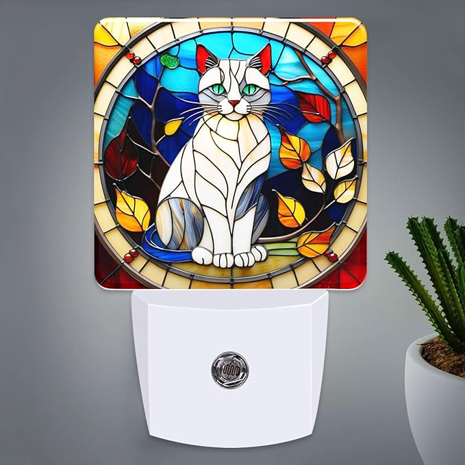 PODMemory Cat Stained Glass Night Lights Plug into Wall by PODMemory