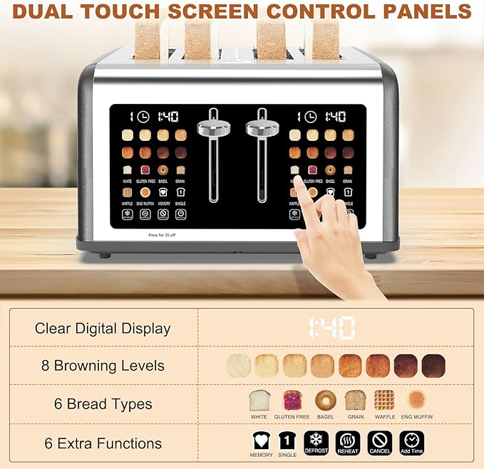 4 Slice Toaster Touch Screen, Stainless Steel Toasters Digital Timer, Dual - Image 6