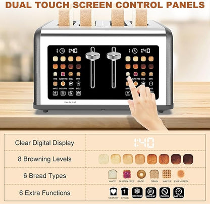4 Slice Toaster Touch Screen, Stainless Steel Toasters Digital Timer, Dual - Image 6
