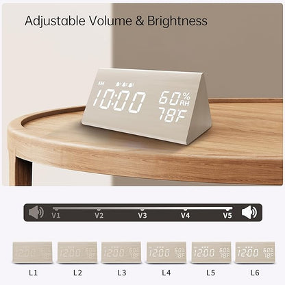 Digital Alarm Clock, with Wooden Electronic LED Time Display, 3 Alarm Settings - Image 5