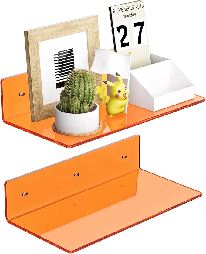 12 Inches Small Orange Wall Shelves Set of 2, Acrylic Floating Shelf by Sezanrpt