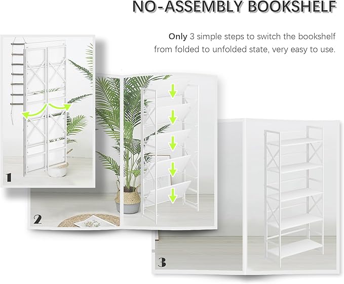 4NM 5 Tiers No Assembly Book Shelves, 51.2" H Folding Bookshelf Bookcase Open - Image 6