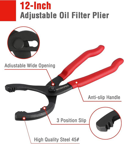 WORKPRO 2-Piece Oil Filter Wrench Set, 12” Adjustable Oil Filter Plier & 3-Jaw - Image 2