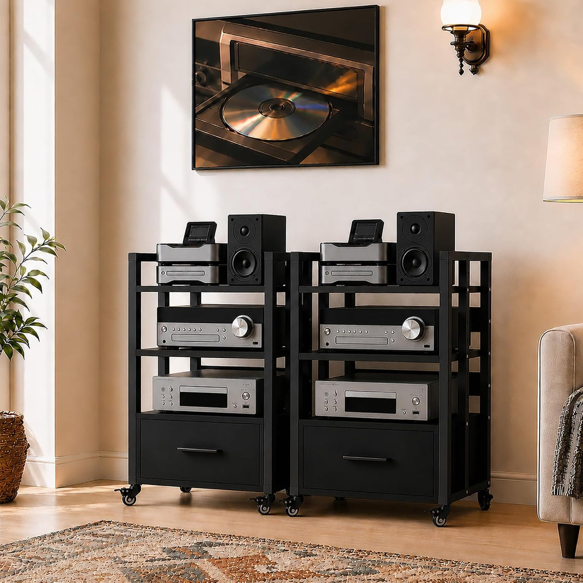3-Tier Audio Rack with Wheels, AV Media Stand