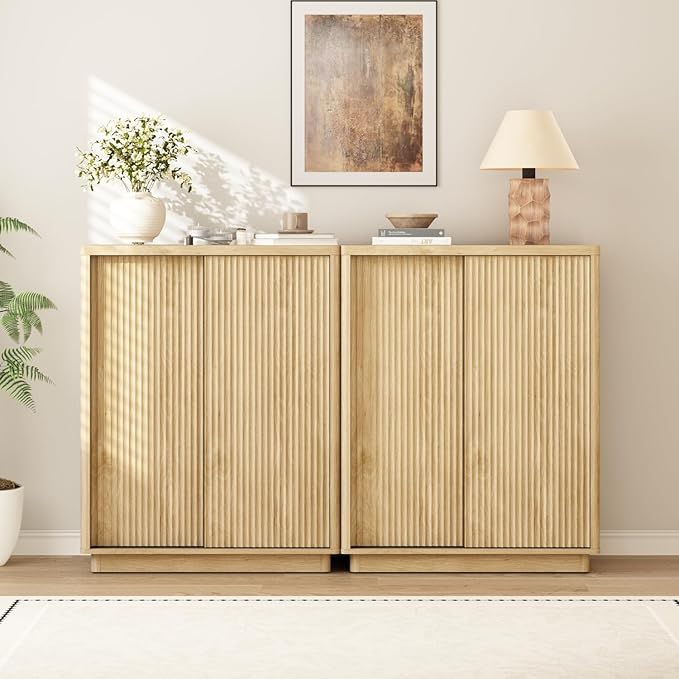 Fluted Shoe Cabinet with Sliding Door Set of 2, 6-Tier Large Hidden Storage by WINWY