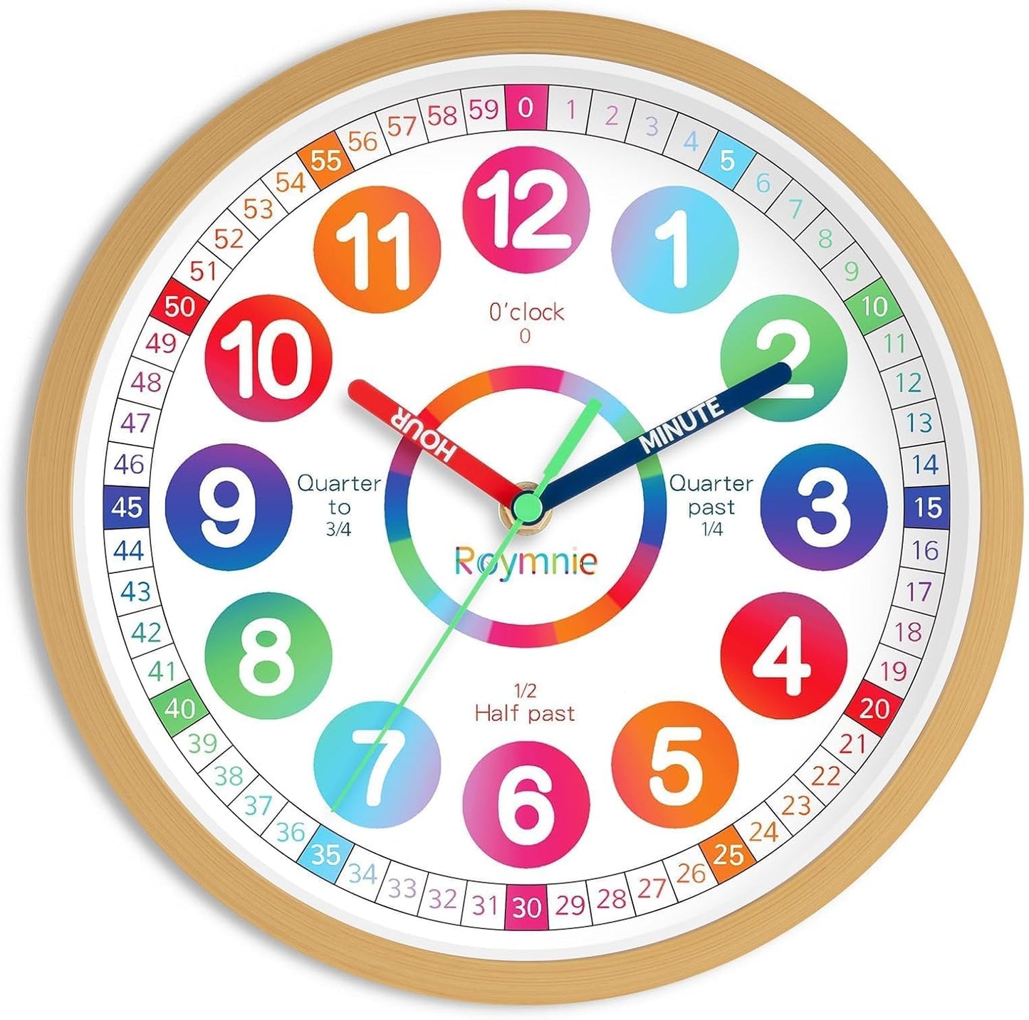 Roymnie Wall Clock for Kids Learning Battery Operated Teaching Silent 8" | Learning to Tell Time Easily Non Ticking Analog Colorful Teaching Time Clock Decorative for Kids Room Classroom School Modern