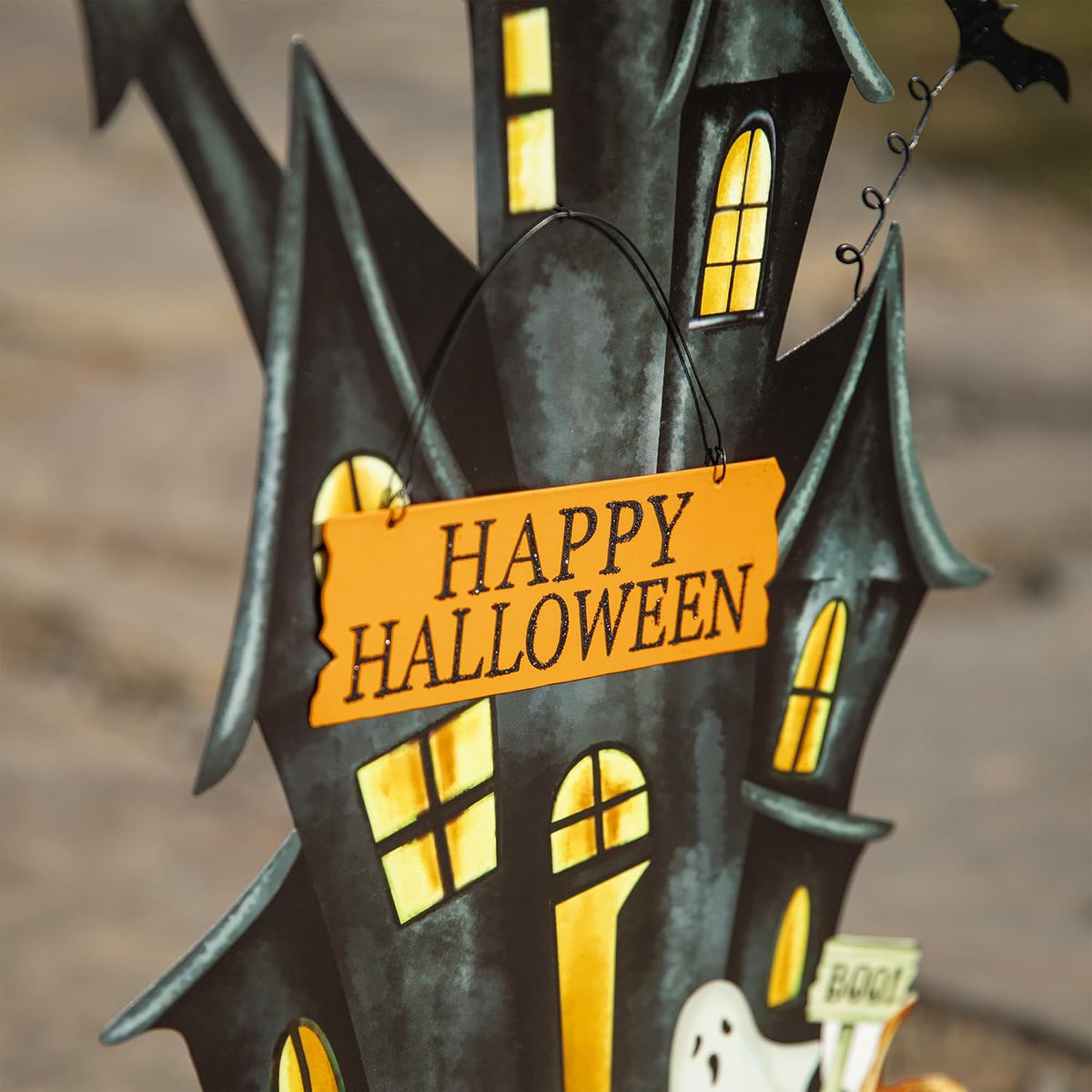 Glitzhome 32" H Halloween Metal Haunted House Yard Stake/Hanging Decor,H...