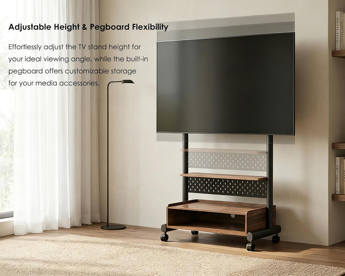 FITUEYES Rolling TV Floor Stand for 40-85in TVs, Height-Adjustable, Walnut