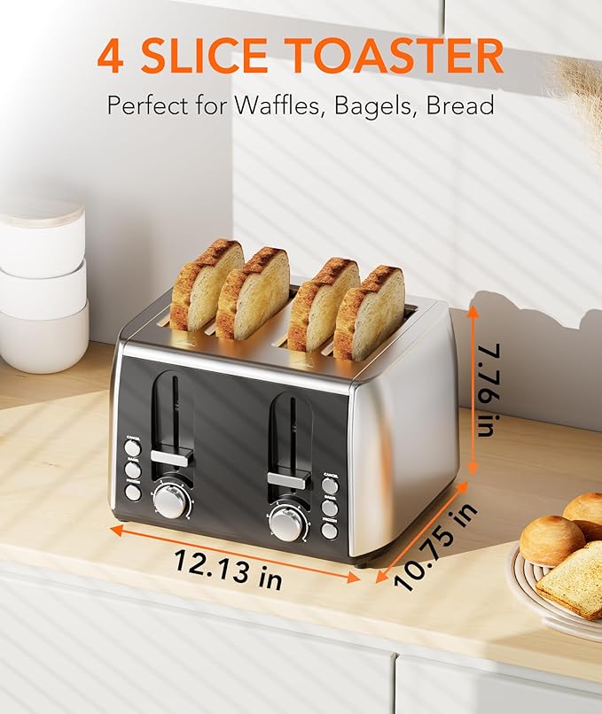Cowsar Toaster 4 Slice Retro Stainless Steel, Compact 4 Slice Toaster - Image 8