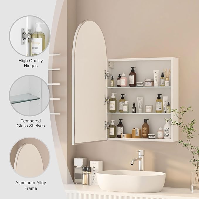 Arched Medicine Cabinet with Mirror, Brushed Nickel Mirror Cabinet with Storage - Image 5