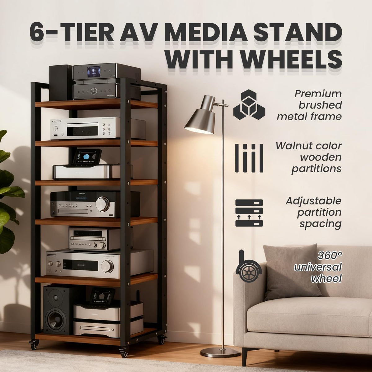 6-Tier AV Media Stand with Wheels, Modern Stereo Racks and Stands