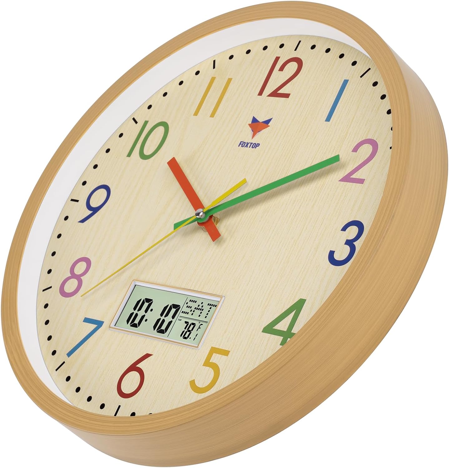 Foxtop Digital and Analog Kids Wall Clock 12 Inch Silent Non-Ticking Battery Operated Kids Clock for Kids Room Playroom Nursery Classroom School
