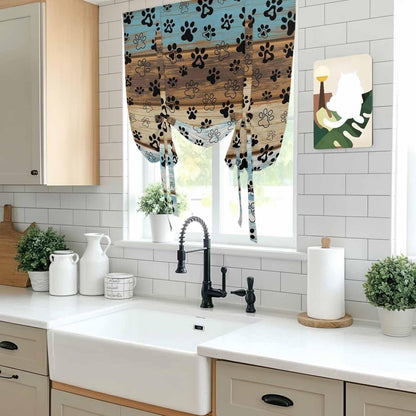 Cute Dog Claws Tie Up Curtains for Window, Farmhouse Blue Wooden Puppy Pawprints Thermal Insulated Balloon Shade Adjustable Rod Pocket Curtains Valance Panels for Kitchen Bathroom Café 52'' x 45''
