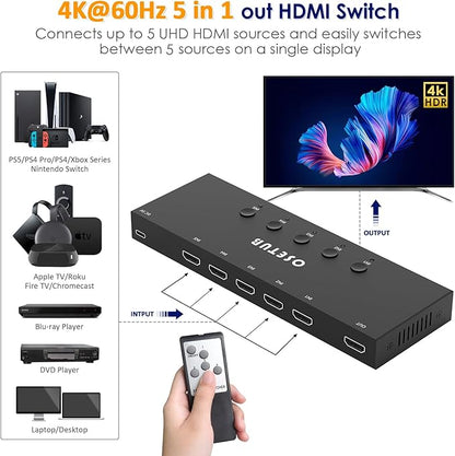 4K@60Hz 5 in 1 Out HDMI Switch, 5 Port HDMI Switcher Selector Support HDR10 & - Image 3