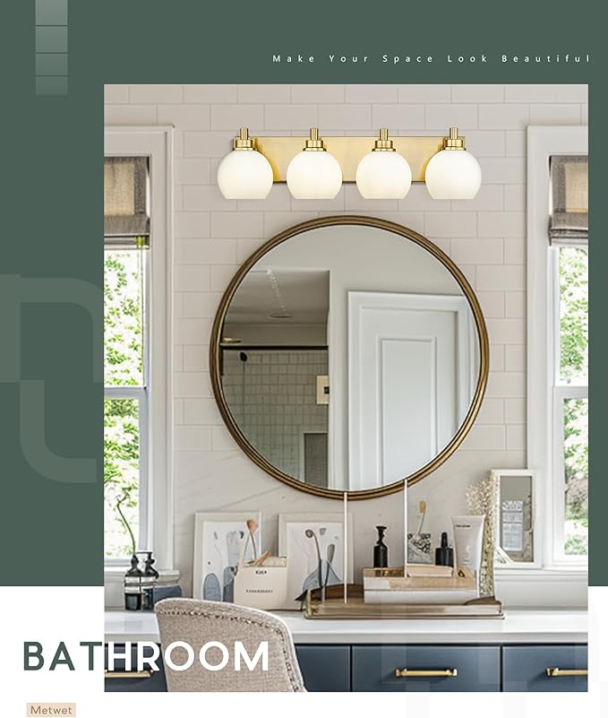 METWET Bathroom Light Fixtures, 4 Light Brushed Gold Vanity Light, 26 Inch - Image 7